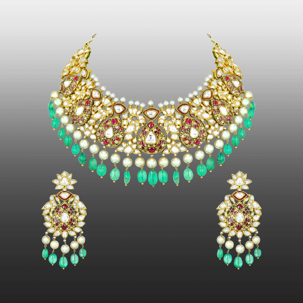 Polki Necklace Set with Red Stones, Emerald Beads, and Pearls
